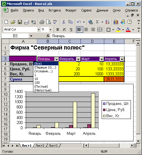 Список автофильтра