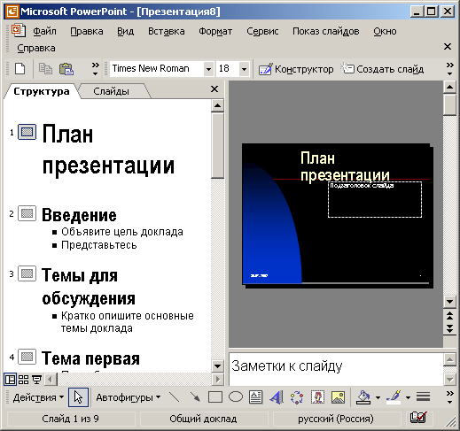 Структура презентации, созданная Мастером автосодержания