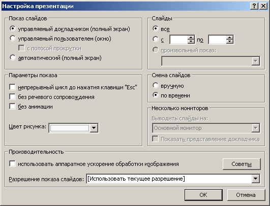 Параметры слайд-шоу презентации PowerPoint